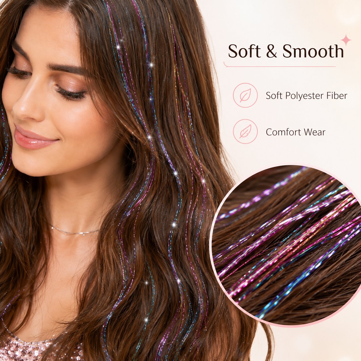 24 Inch Clip-On Glitter Hair Tinsel Extensions 6 Pcs Set
