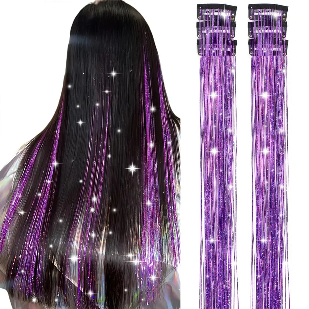 24 Inch Clip-On Glitter Hair Tinsel Extensions 6 Pcs Set